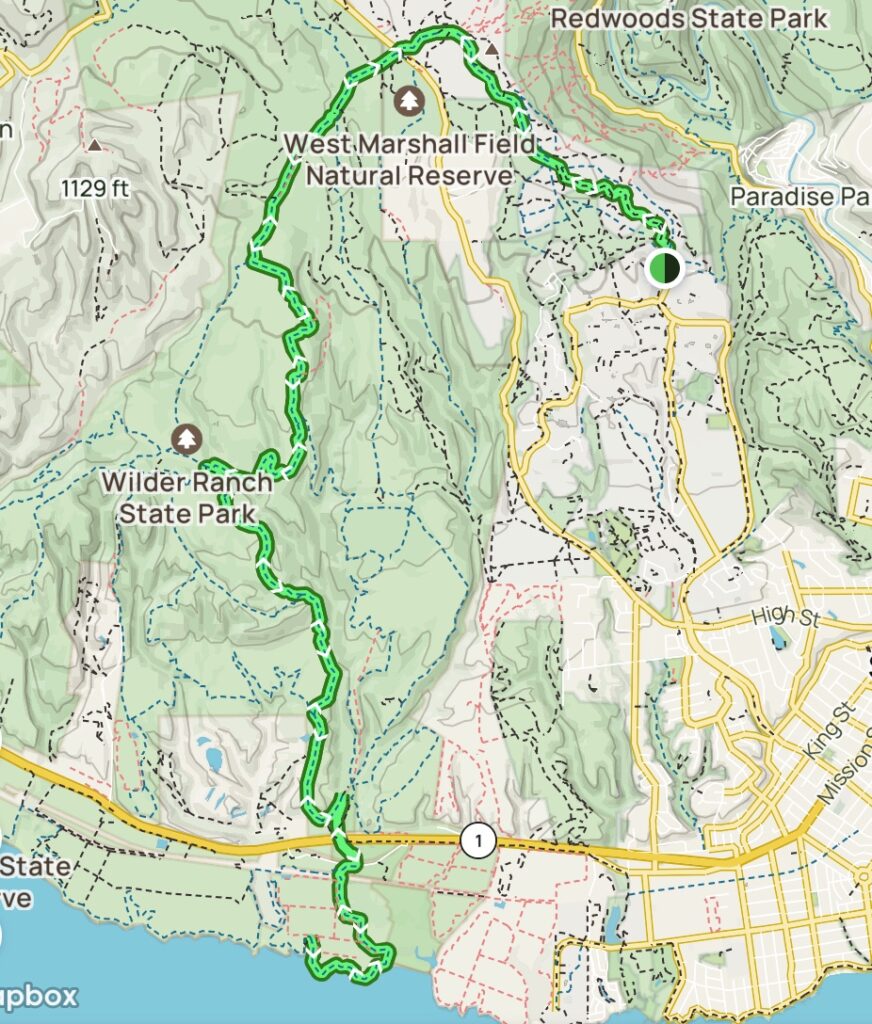 Map showing UCSC to the Sea trail run route.